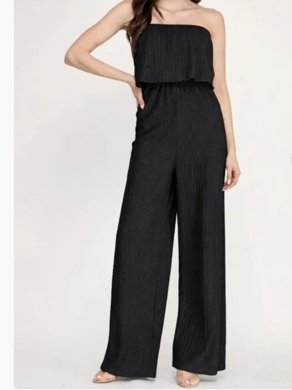 New Mix Black Crinkle Off-Shoulder Jumpsuits Size Medium